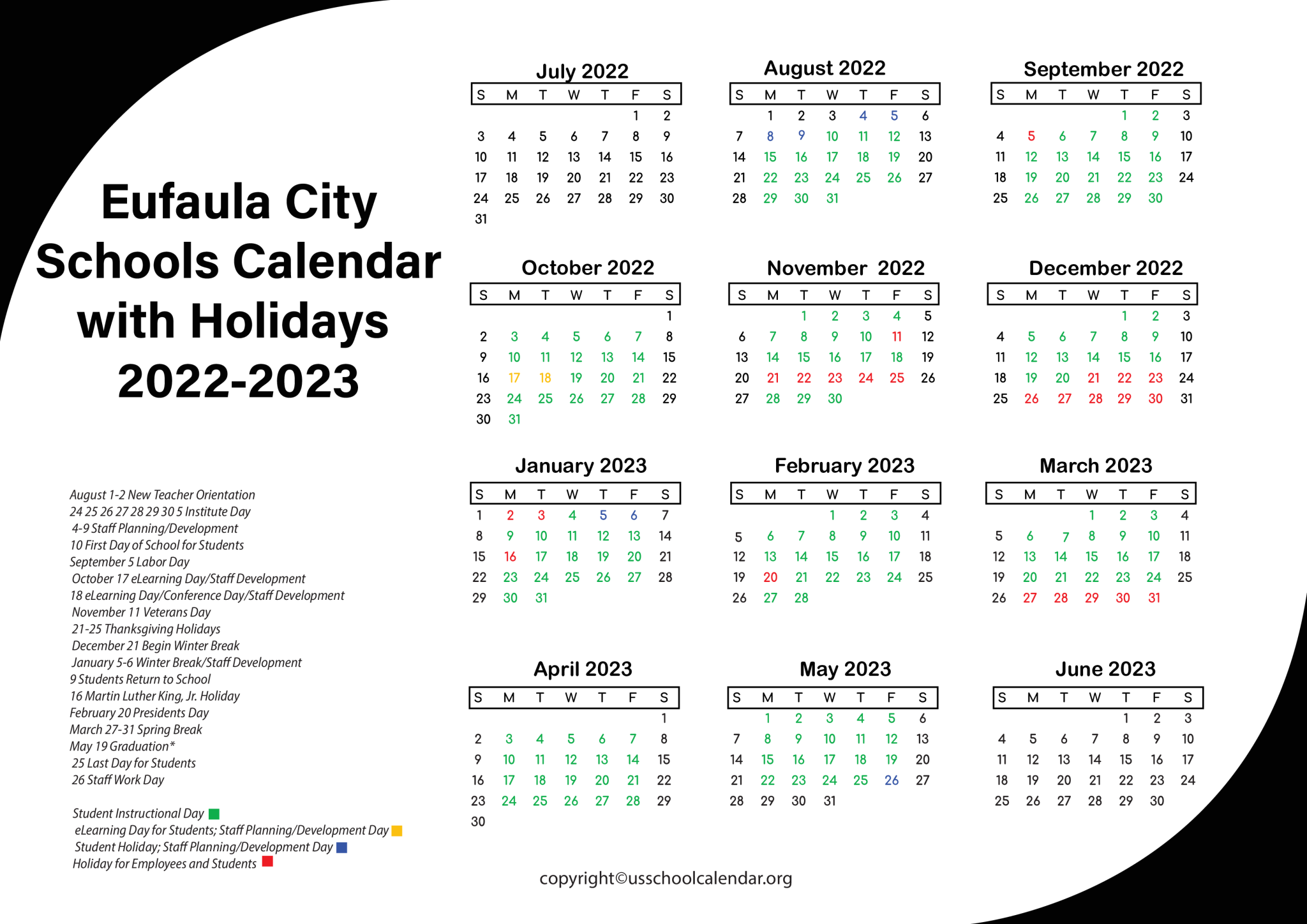 Eufaula City Schools Calendar with Holidays 2023