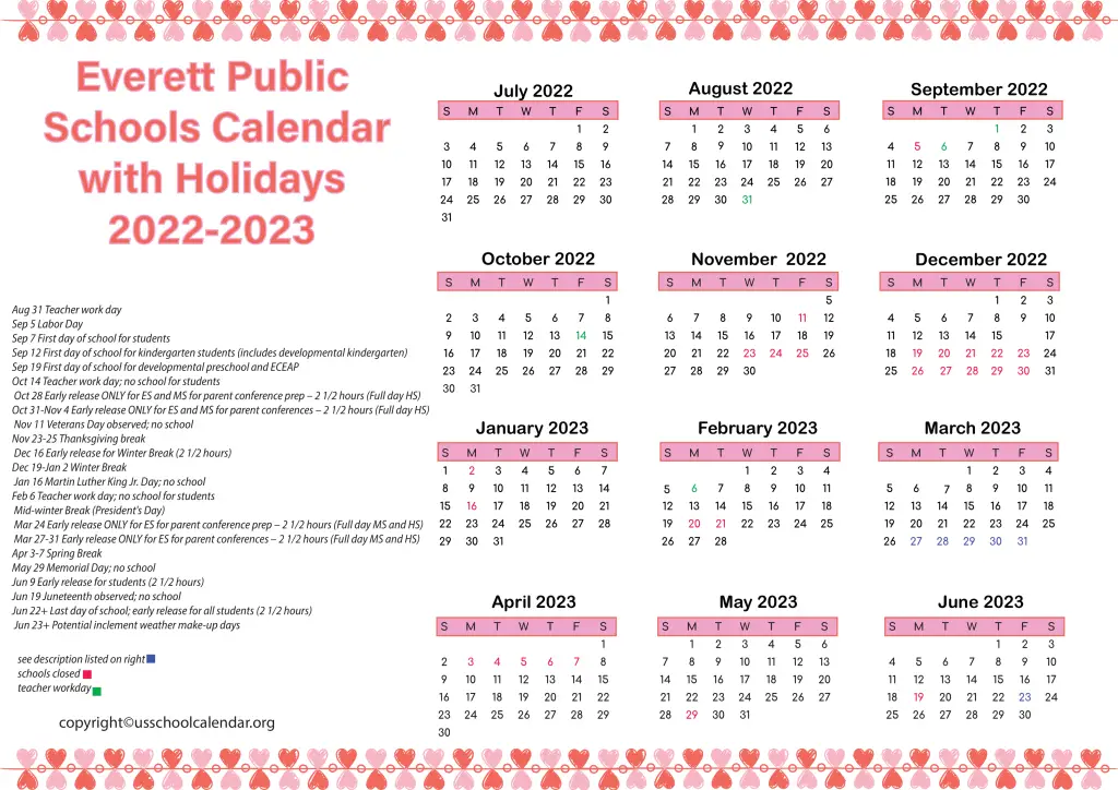 Everett Public Schools Calendar with Holidays 2022-2023
