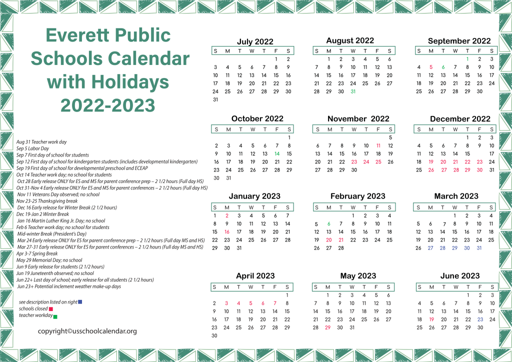 Everett Public Schools Calendar with Holidays 2022-2023 3
