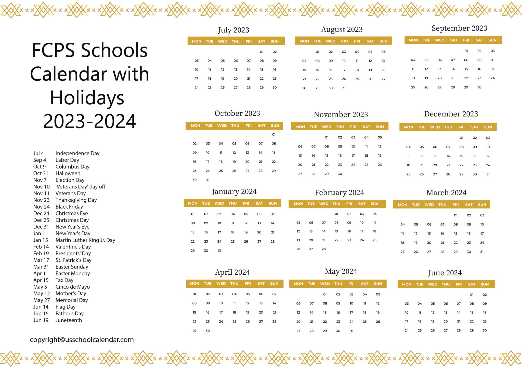 FCPS Schools Calendar with Holidays 20232024