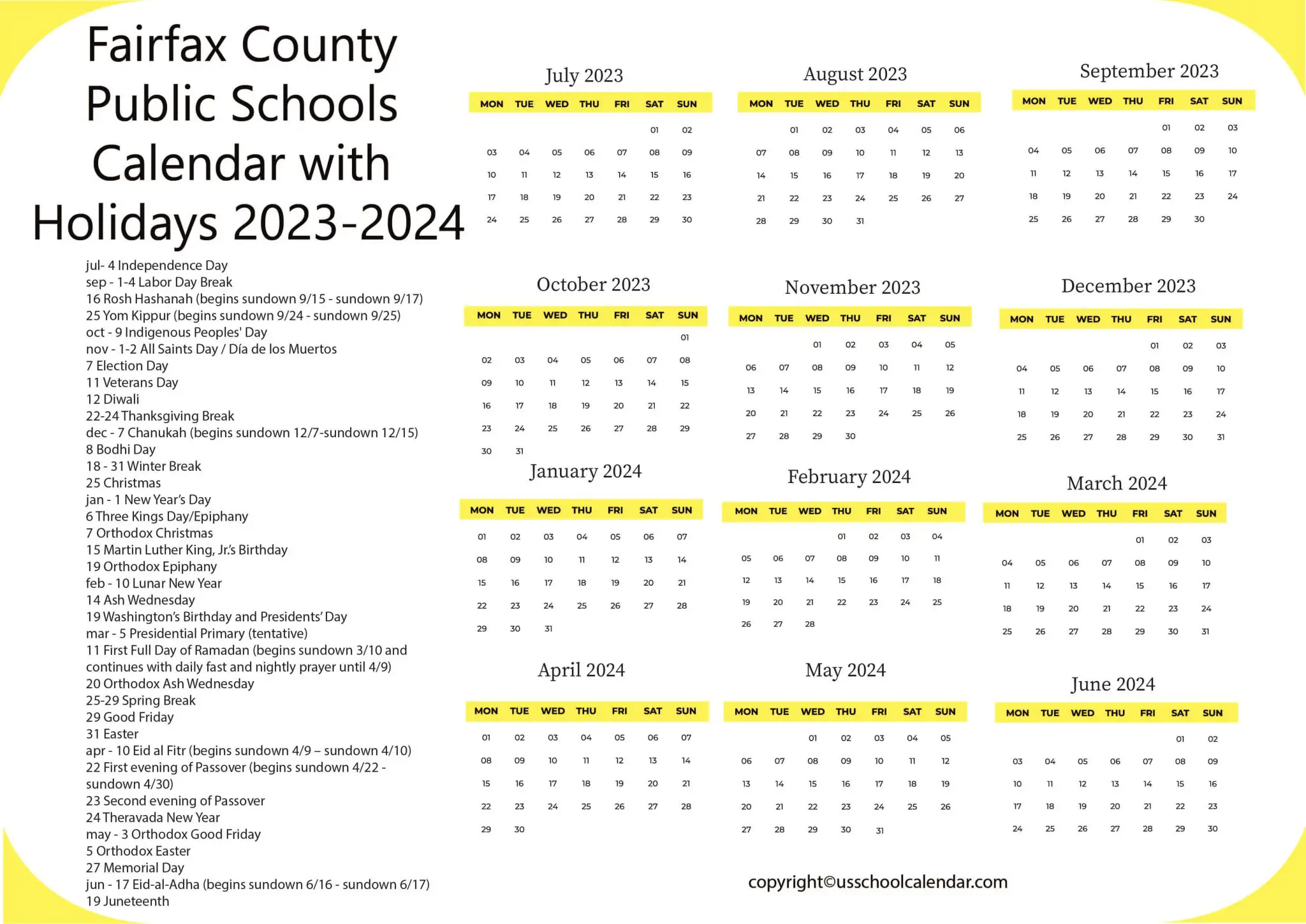 Fairfax County Public Schools Calendar with Holidays 20232024
