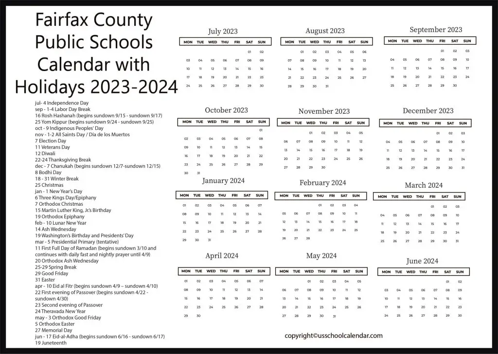 Fairfax County Public Schools Holiday Calendar