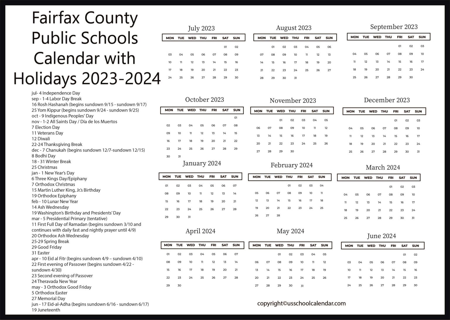 Fairfax County Public Schools Calendar with Holidays 20232024