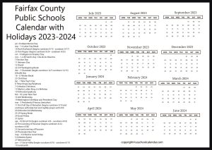 Fairfax County Public Schools Calendar with Holidays 2023-2024
