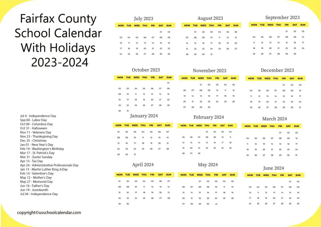 Fairfax County School District calendar