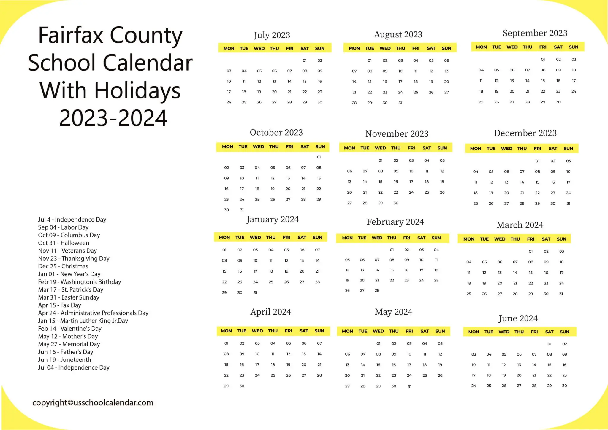 Fairfax County School Calendar With Holidays 20232024