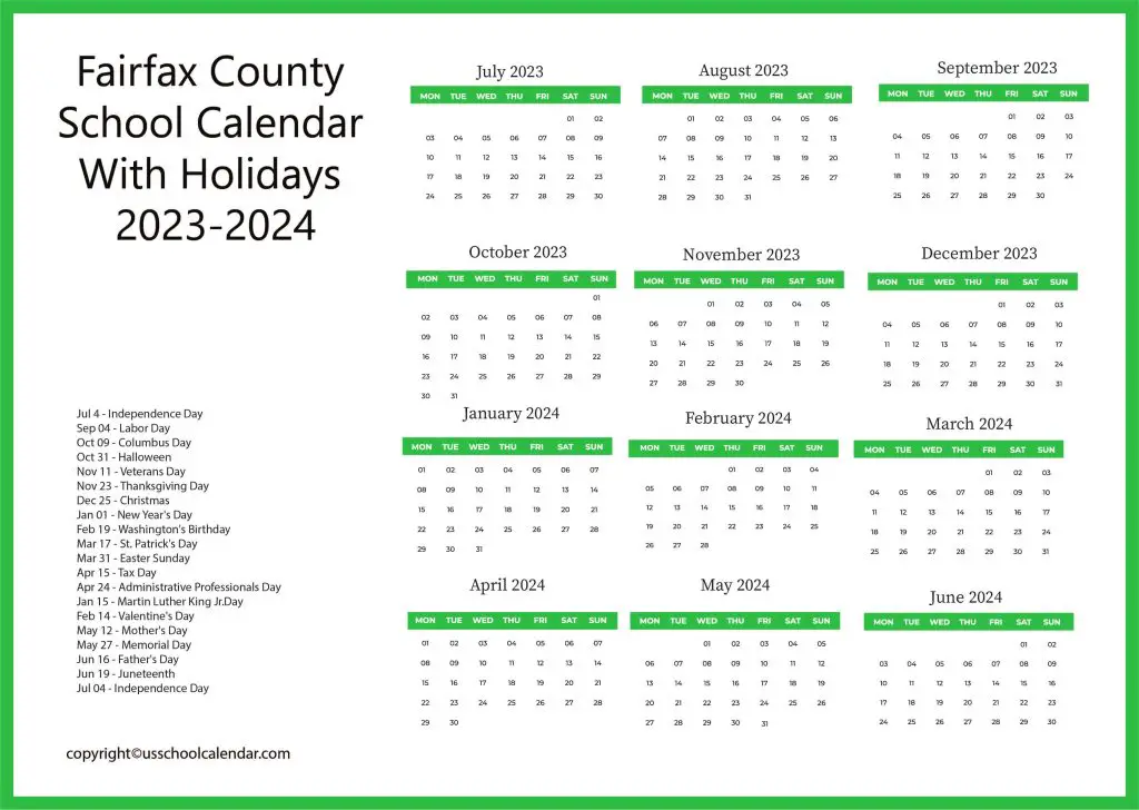 Fairfax County School Holiday Calendar