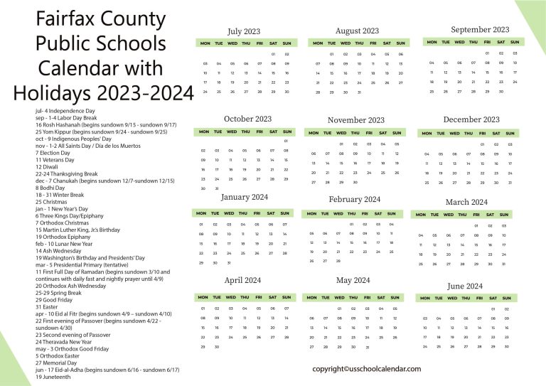 Fairfax County Public Schools Calendar with Holidays 2023 2024