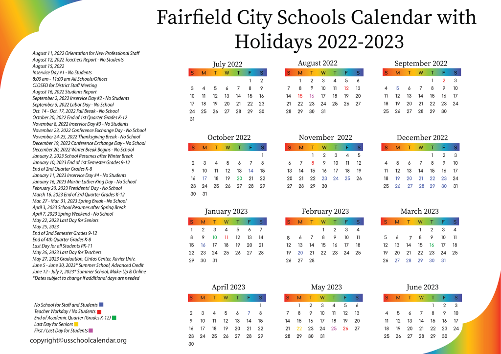 Fairfield City Schools Calendar with Holidays 2022-2023 2