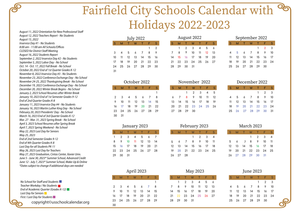 Fairfield City Schools Calendar with Holidays 2022-2023 3