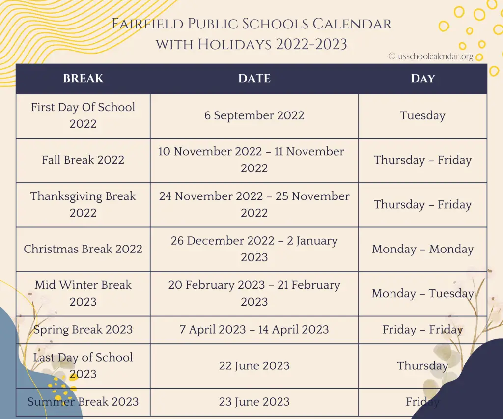 Fairfield Public Schools Calendar with Holidays 2022-2023