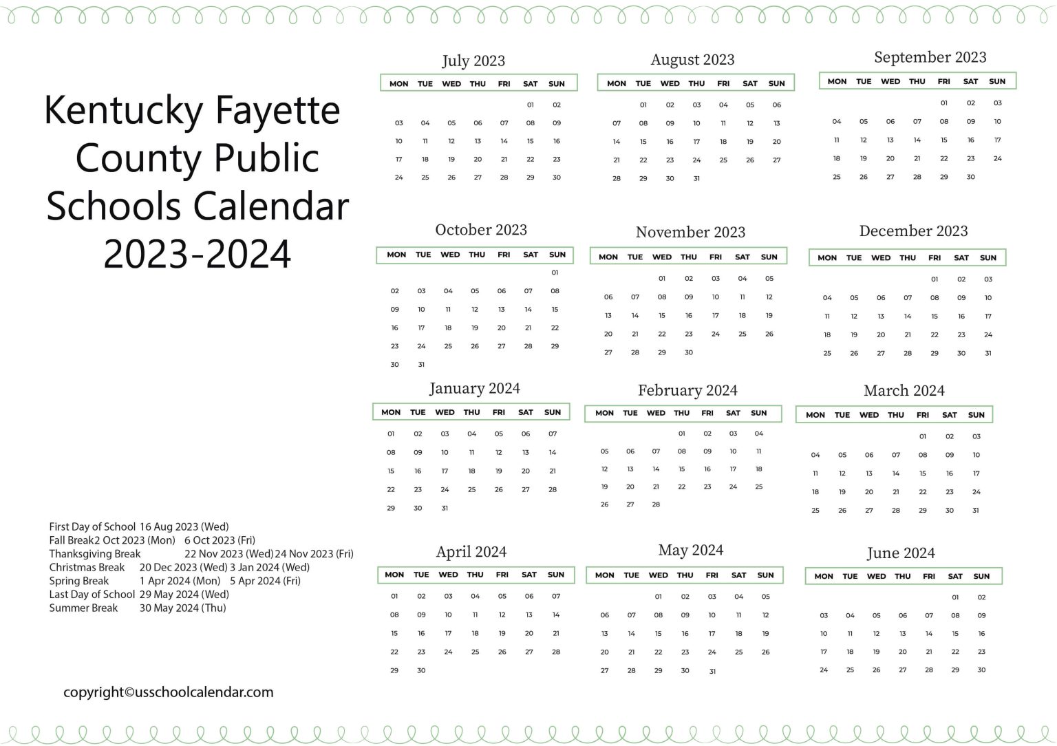 Kentucky Fayette County Public Schools Calendar 20232024