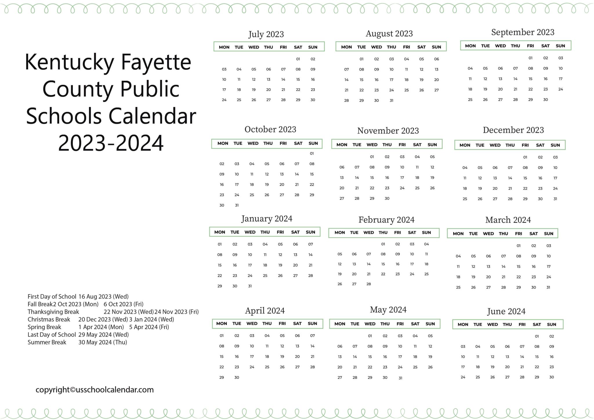 Kentucky Fayette County Public Schools Calendar 2023 2024