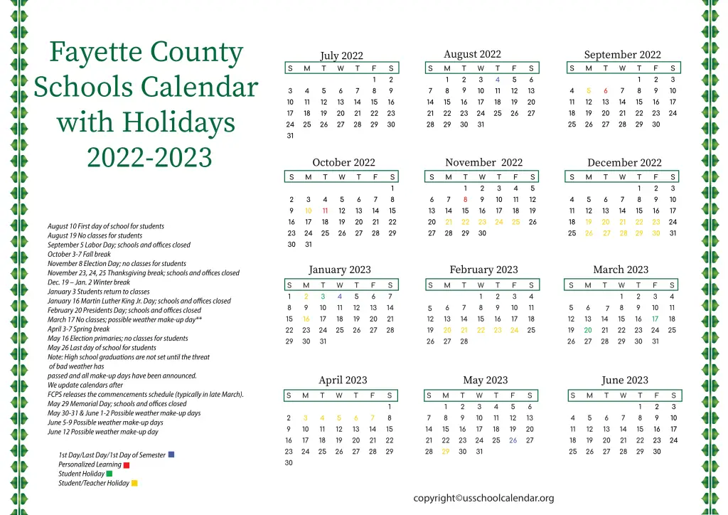 Fayette County Schools Calendar with Holidays 2022-2023