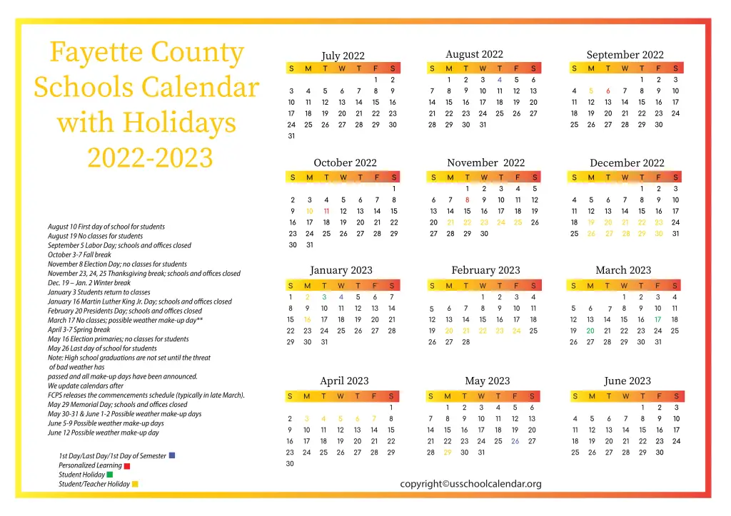 Fayette County Schools Calendar with Holidays 2022-2023 2