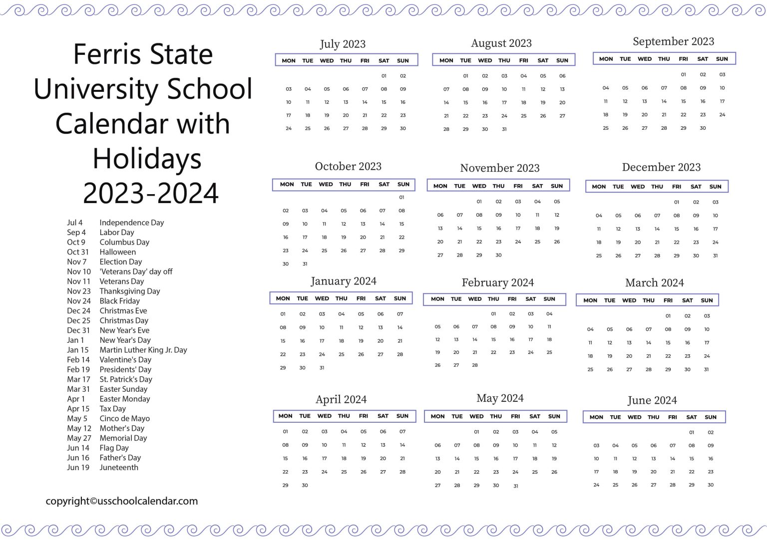 Ferris State University School Calendar with Holidays 20252025