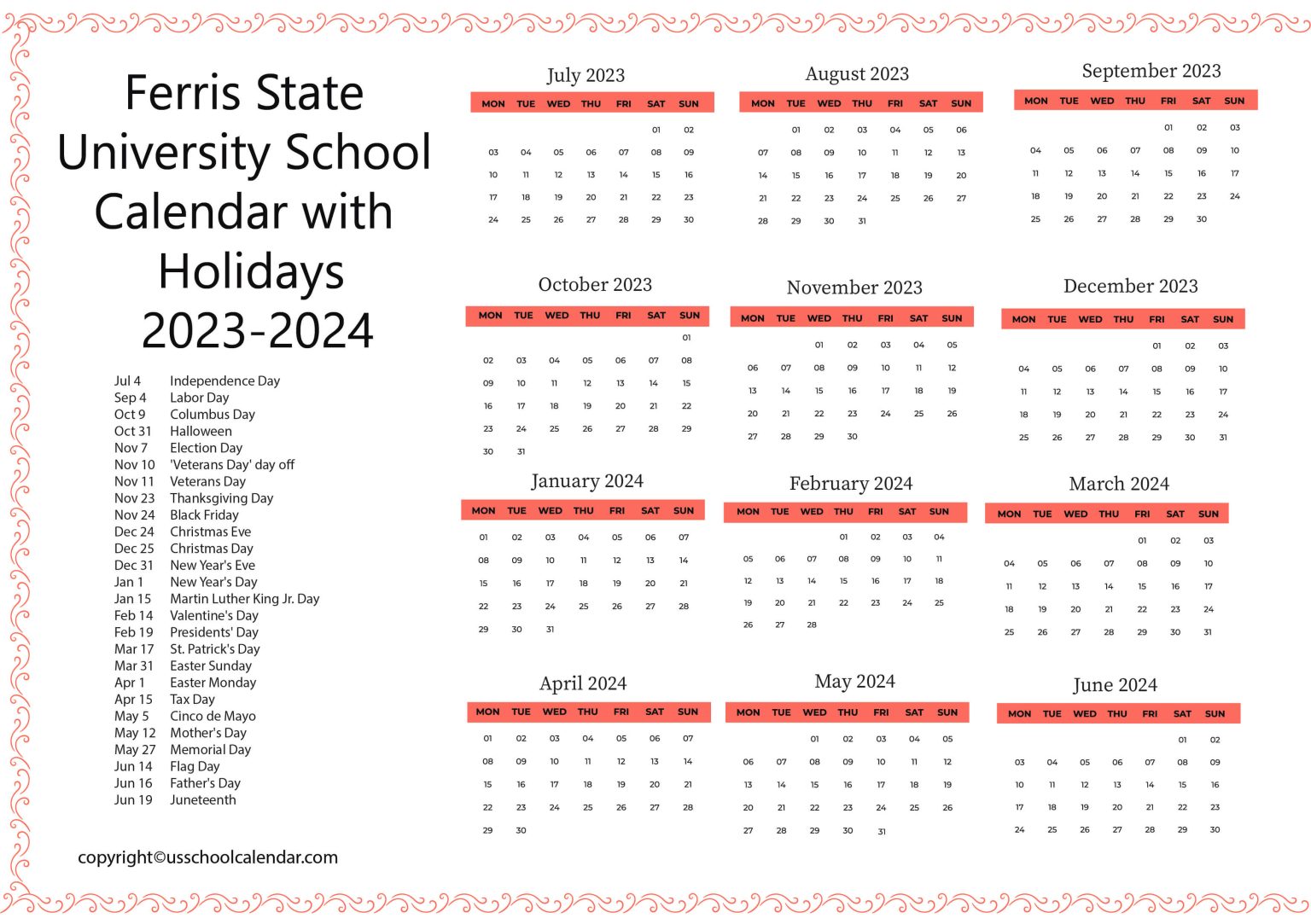 Ferris State University School Calendar with Holidays 20232024
