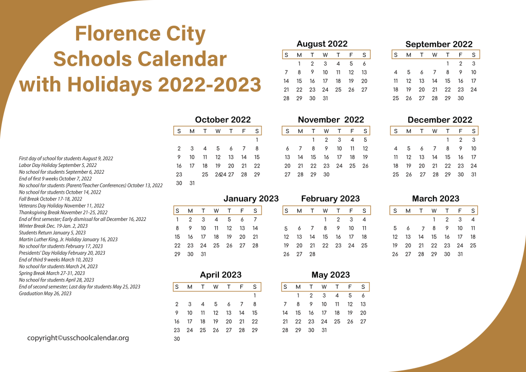 Florence City Schools Calendar with Holidays 2022-2023