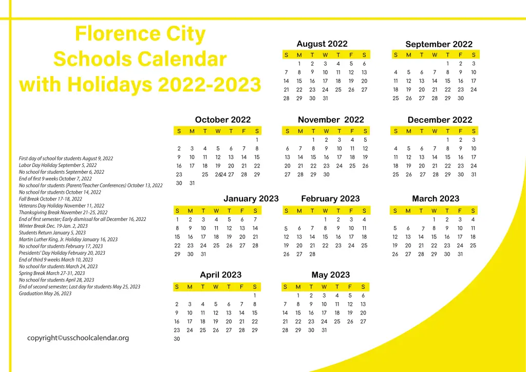 Florence City Schools Calendar with Holidays 2022-2023 2