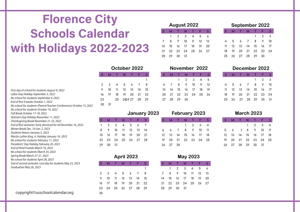 Florence City Schools Calendar with Holidays 2022-2023 3