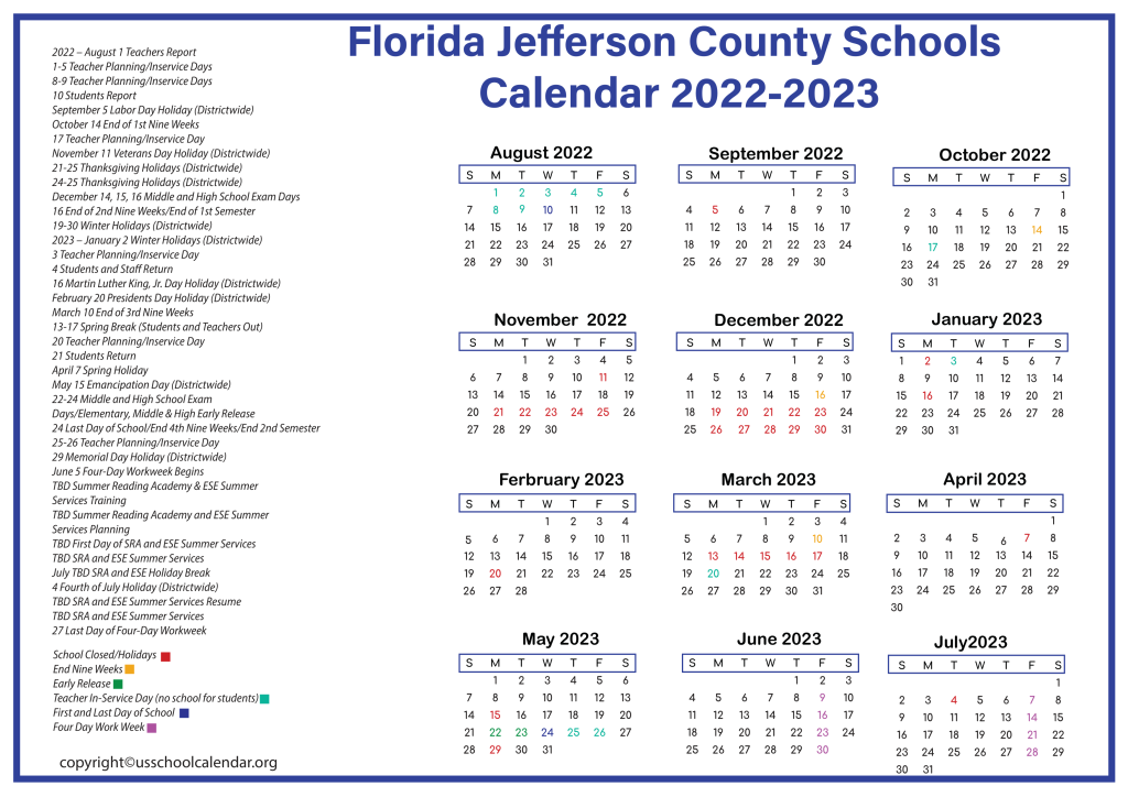 Florida Jefferson County Schools Calendar 2022-2023