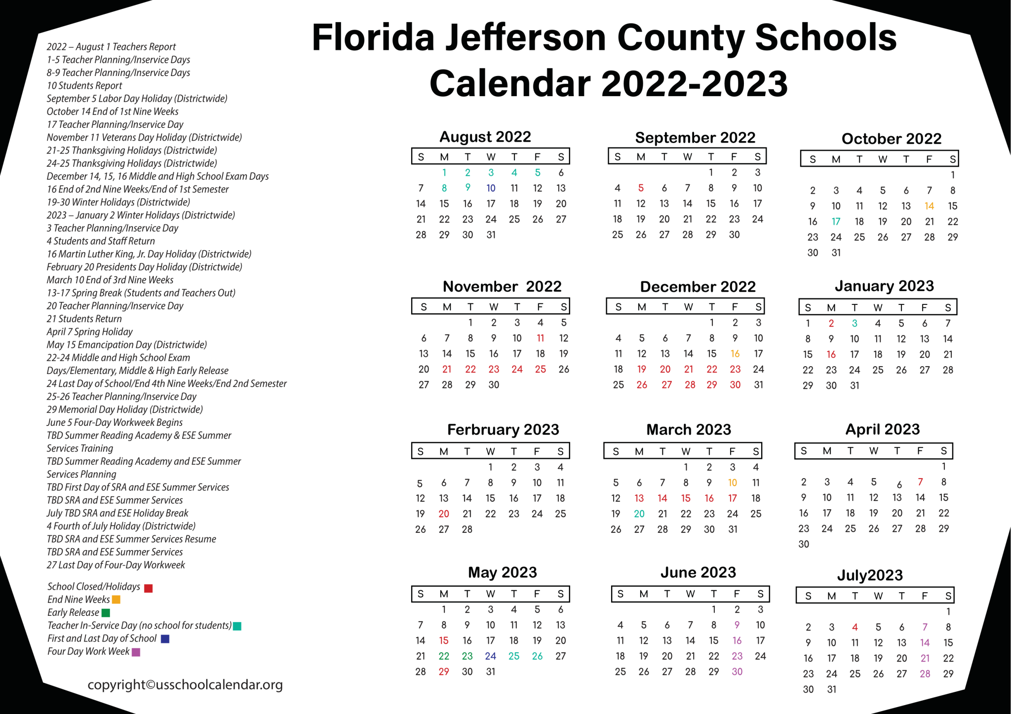 Florida Jefferson County Schools Calendar US School Calendar