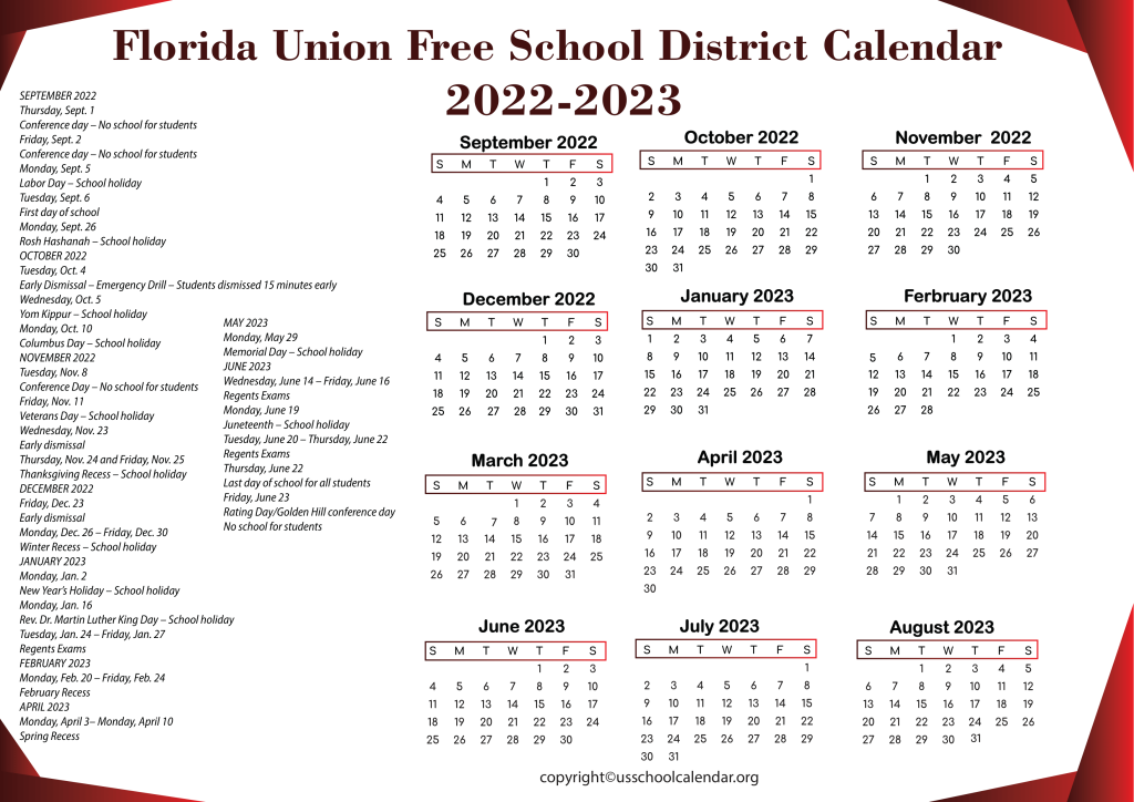 Florida Union Free School District Calendar 2022-2023