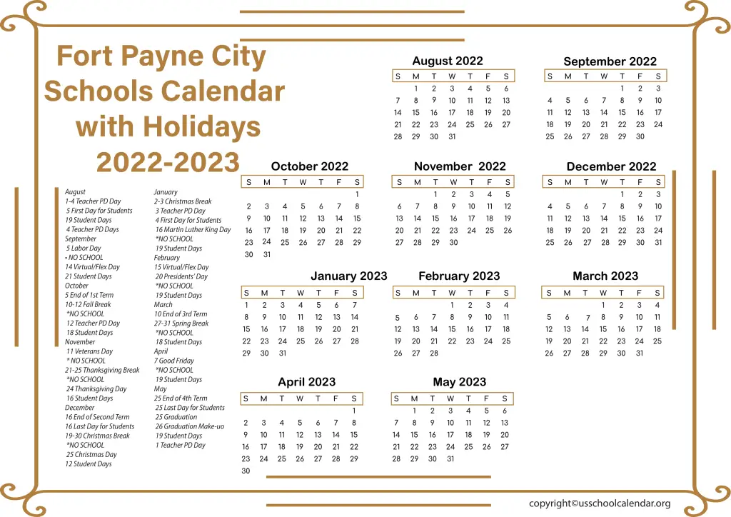 Fort Payne City Schools Calendar with Holidays 2022-2023