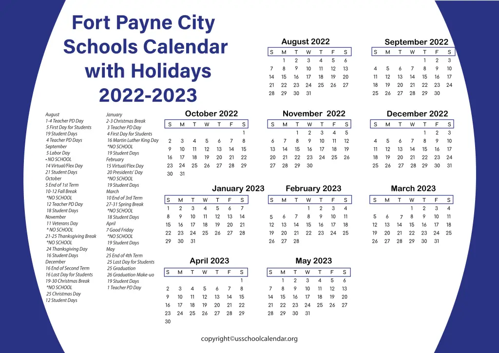 Fort Payne City Schools Calendar with Holidays 2022-2023 2