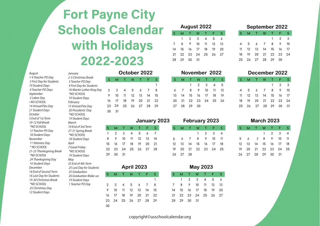 Fort Payne City Schools Calendar with Holidays 2022-2023 3