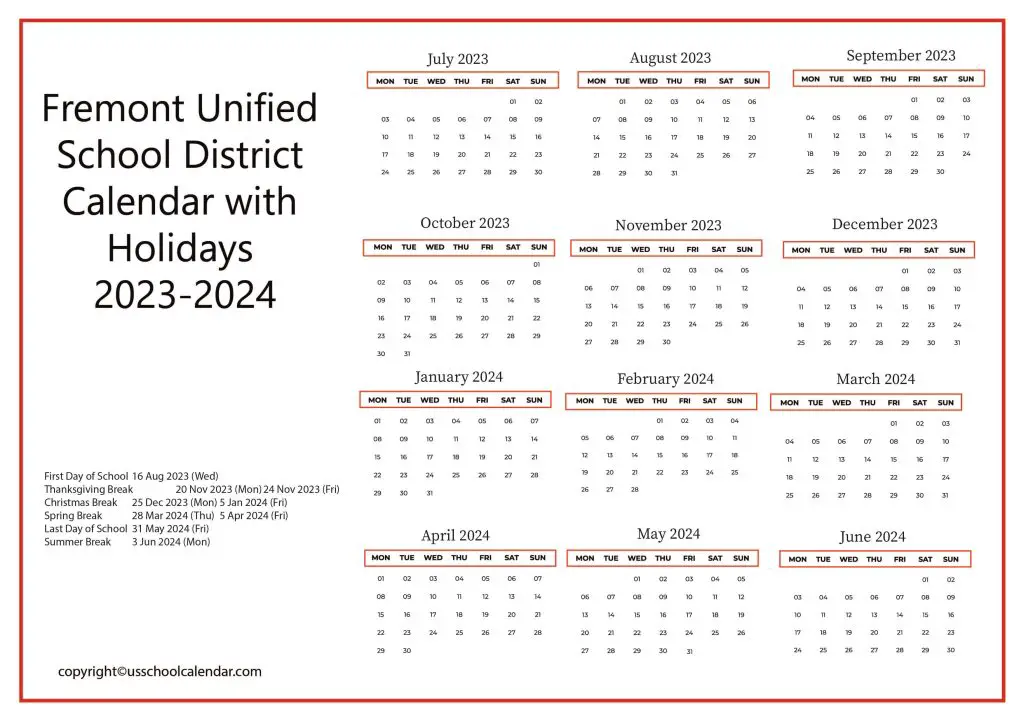 Fremont Unified School District Calendar