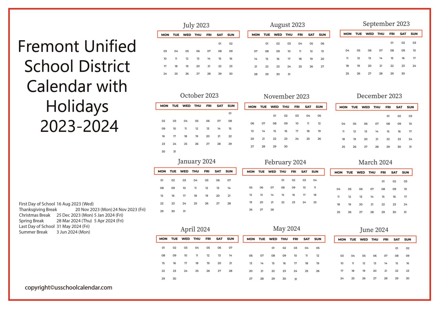 Fremont Unified School District Calendar Holidays 2023-24 [FUSD]