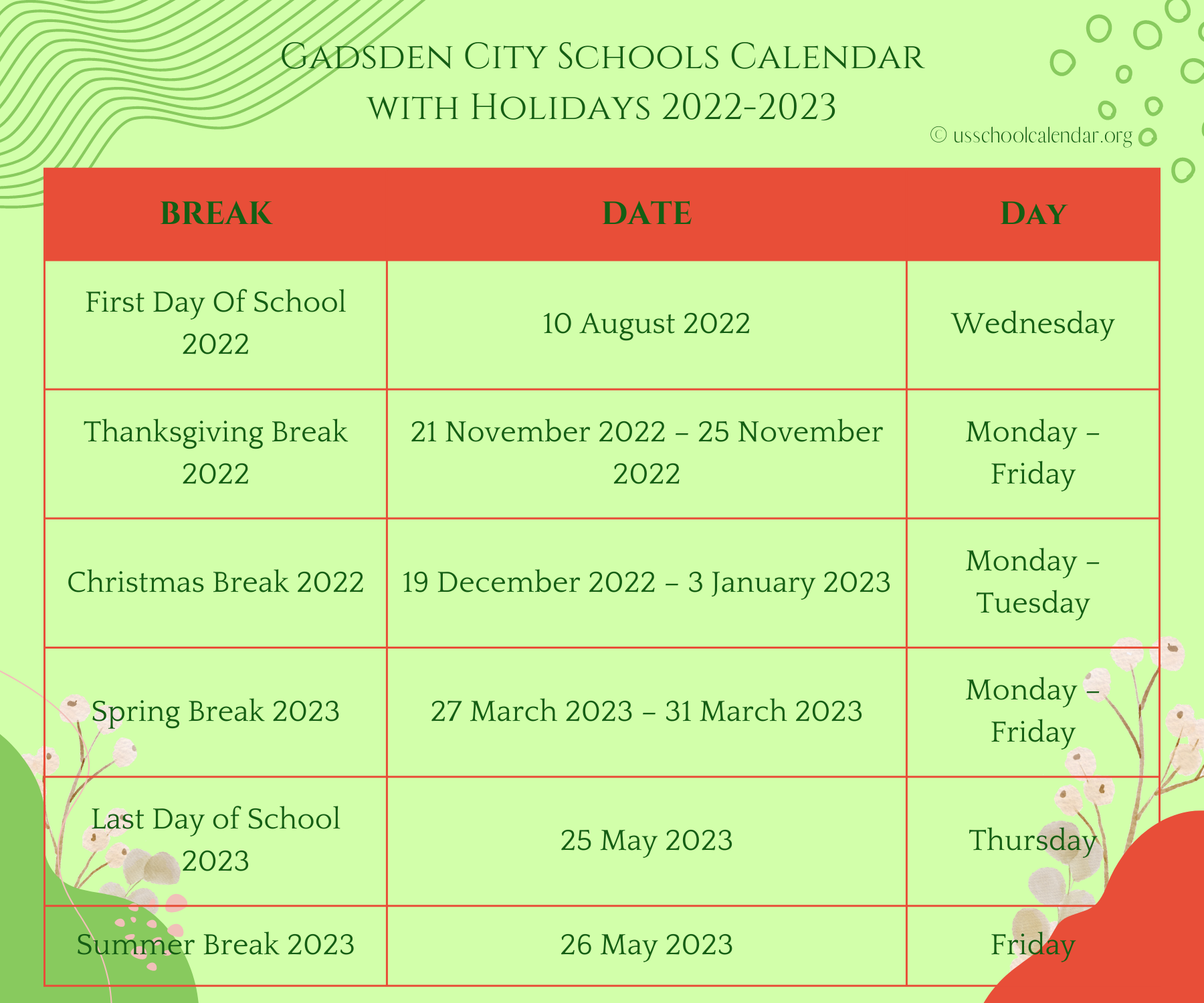 [GCS] Gadsden City Schools Calendar with Holidays 20222023