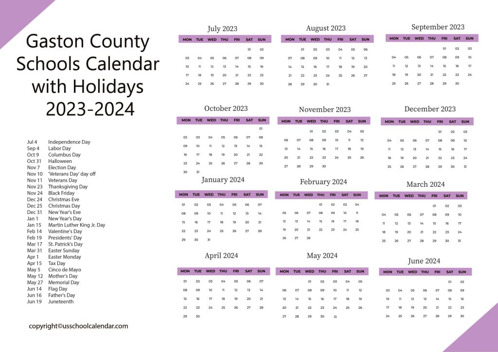 Gaston County School District Calendar