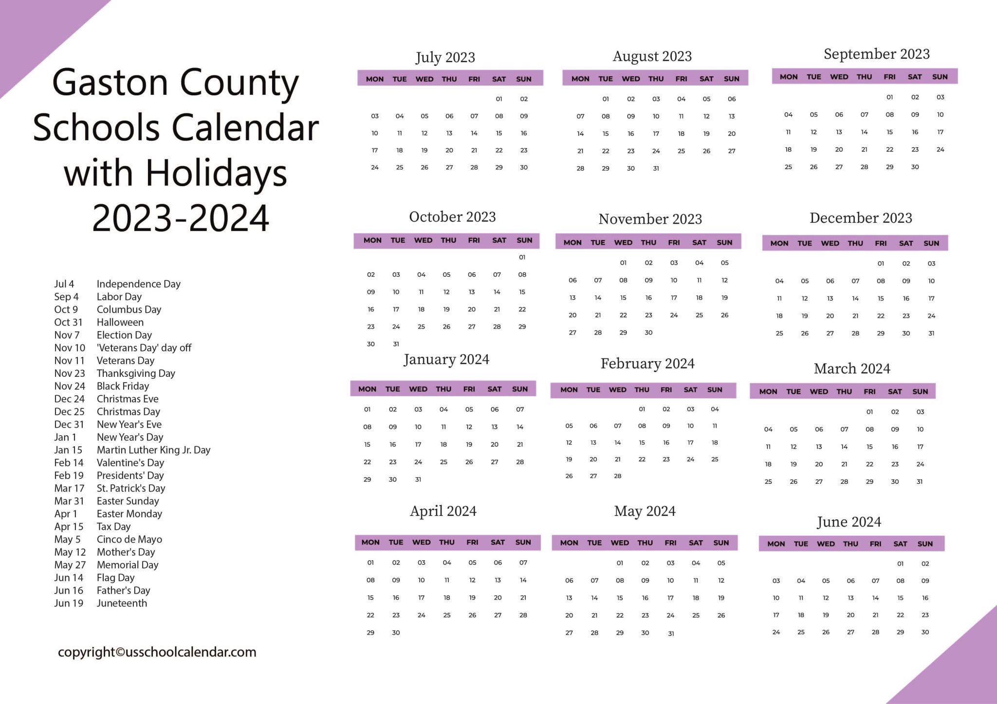 Gaston County Schools Calendar with Holidays 20232024