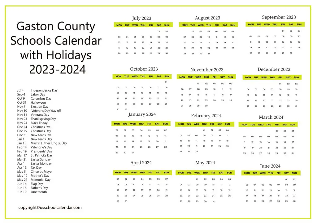 Gaston County Schools Holiday Calendar