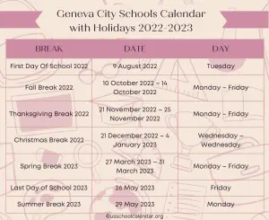 Geneva City Schools Calendar with Holidays 2022-2023