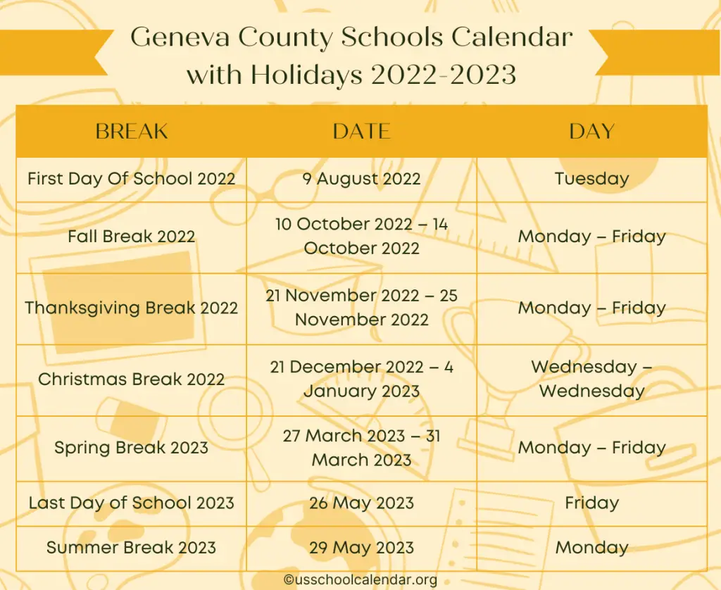 Geneva County Schools Calendar with Holidays 2022-2023