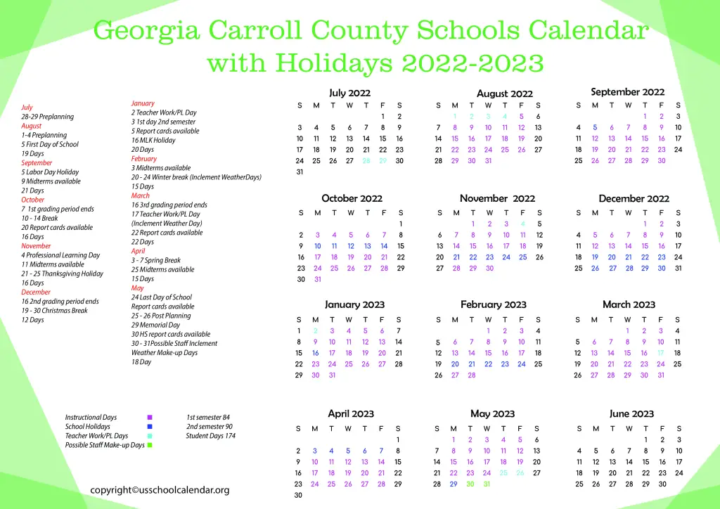 Georgia Carroll County Schools Calendar with Holidays 2022-2023