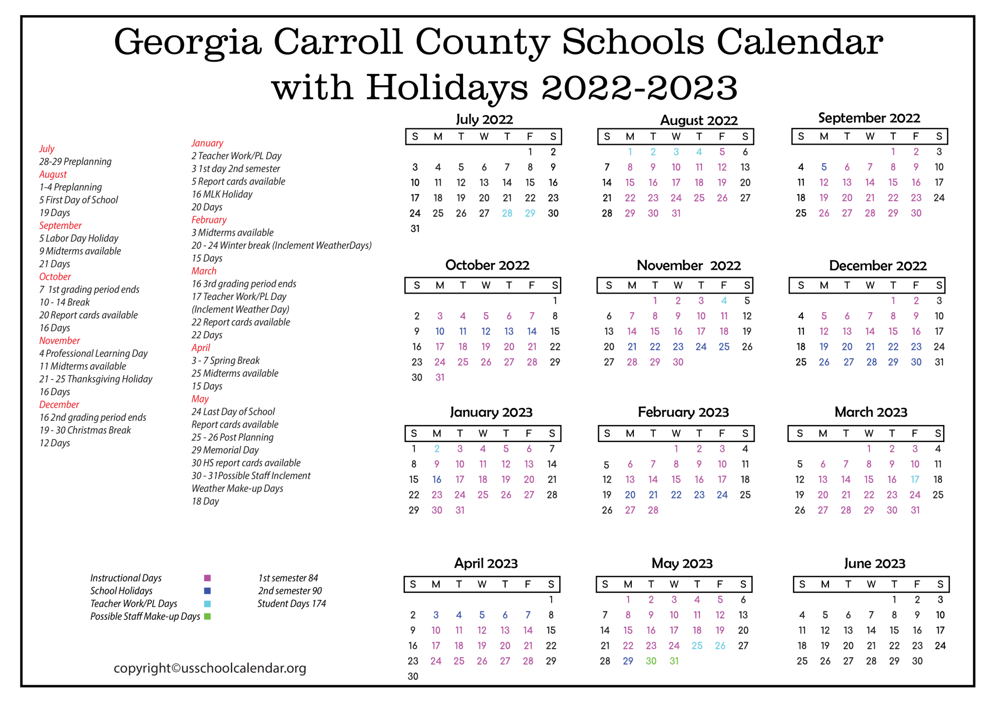 Carroll County Schools Calendar with Holidays 2023