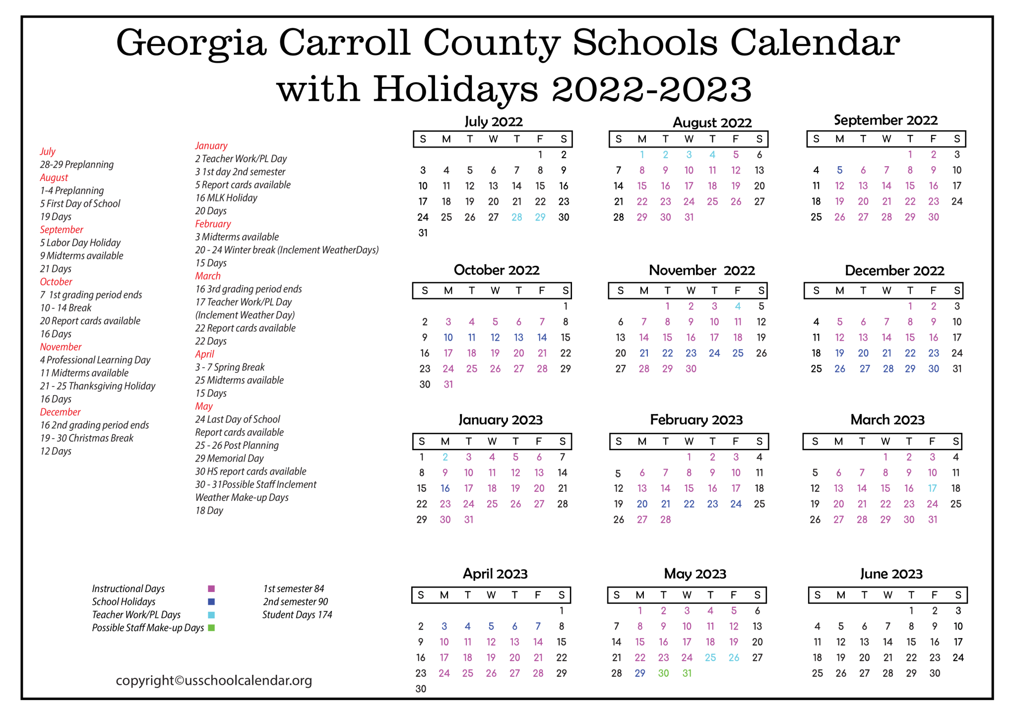 Georgia Carroll County Schools Calendar With Holidays 2023