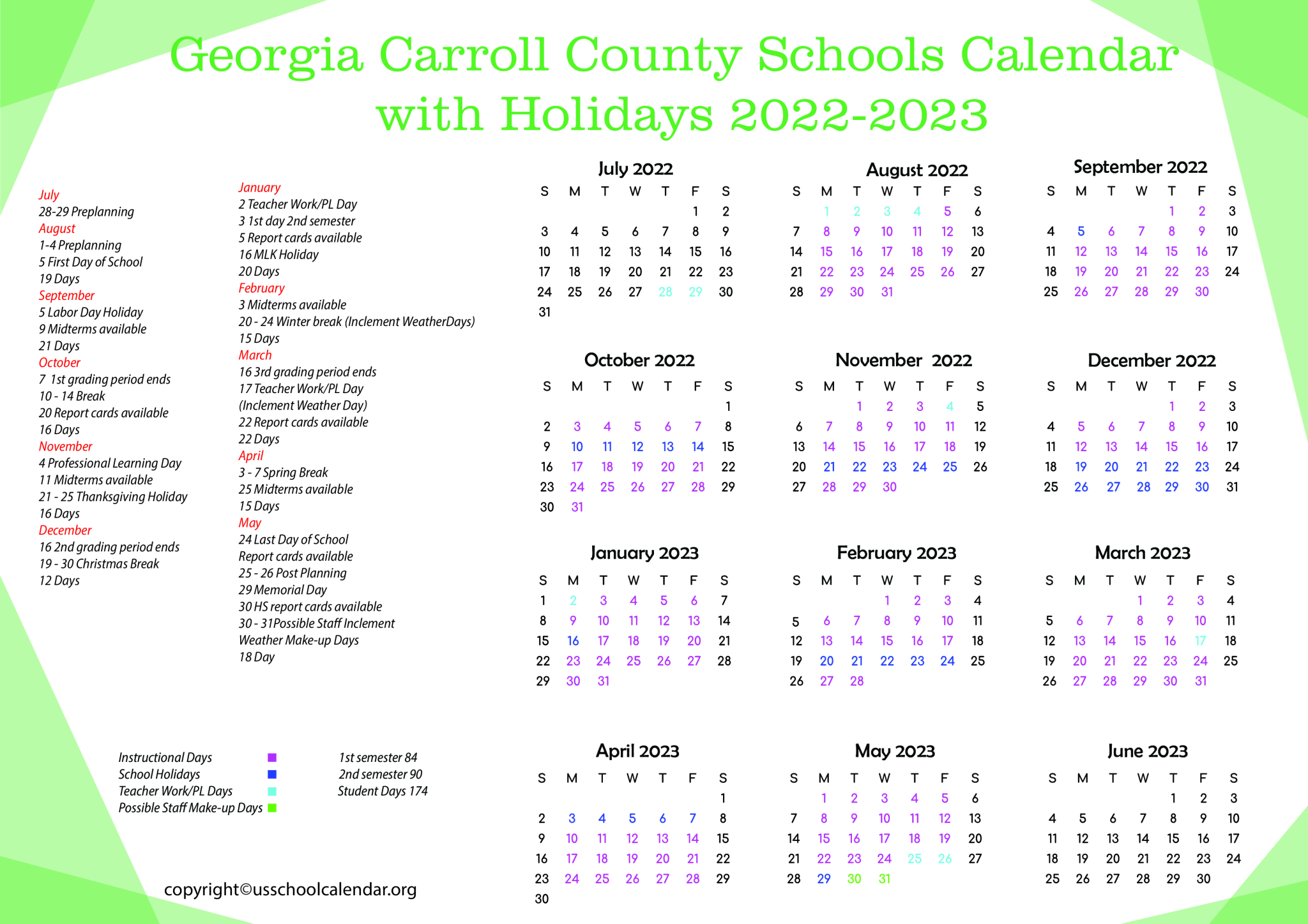 Carroll County Schools Calendar with Holidays 2023