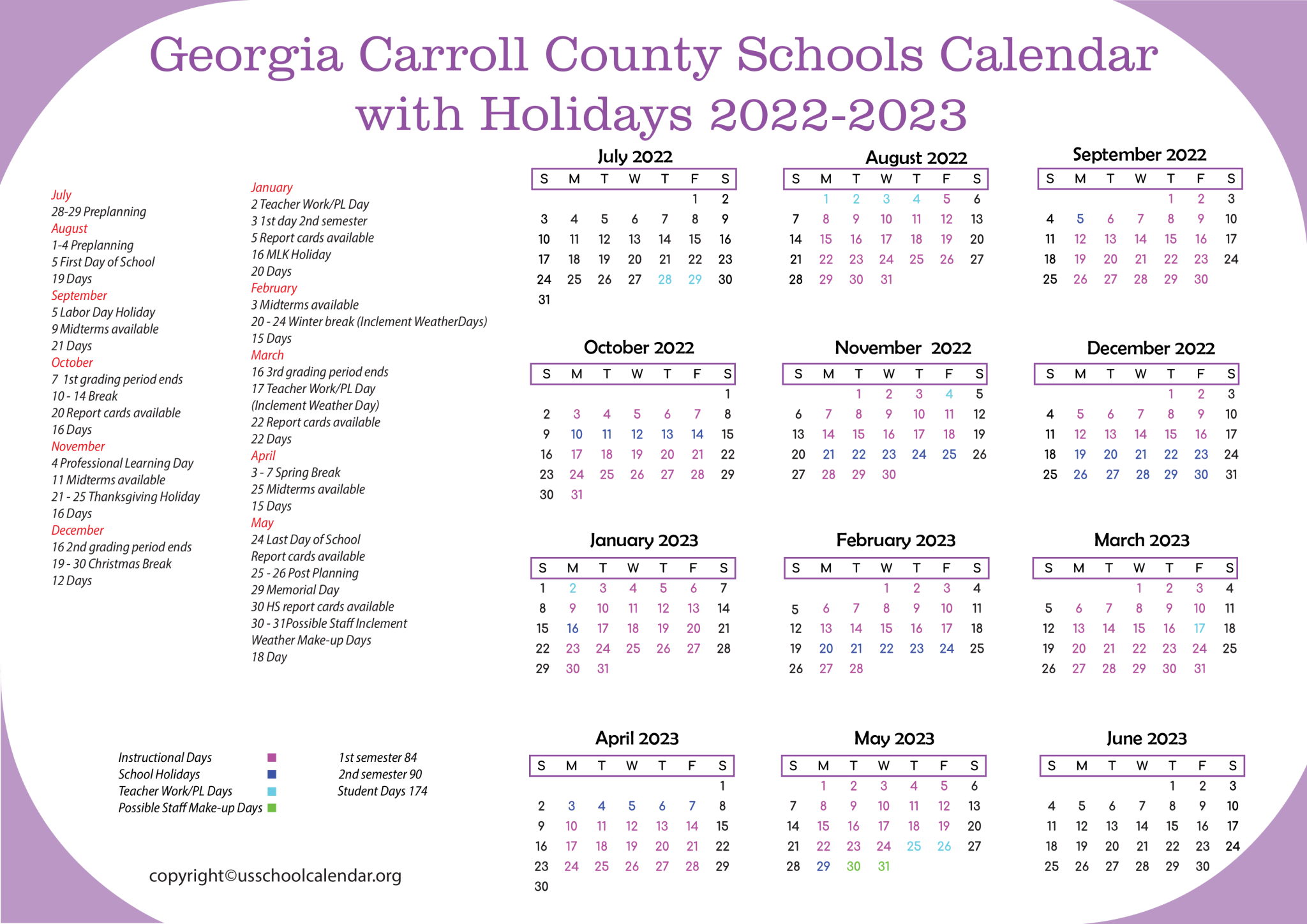 Carroll County Schools Calendar with Holidays 2023