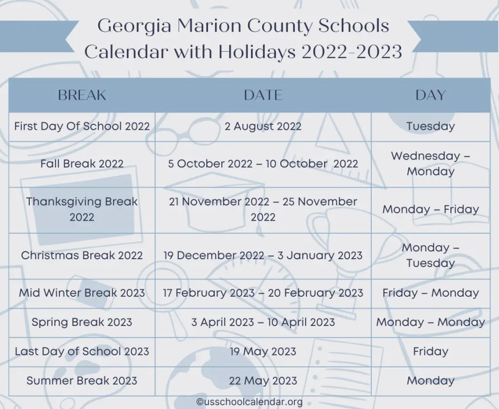 Georgia Marion County Schools Calendar with Holidays 2022-2023