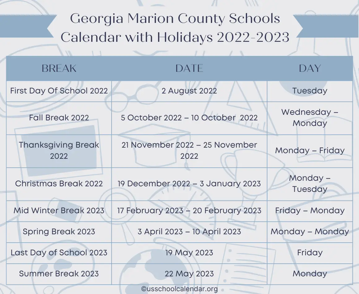Georgia Marion County Schools Calendar with Holidays 2022 2023