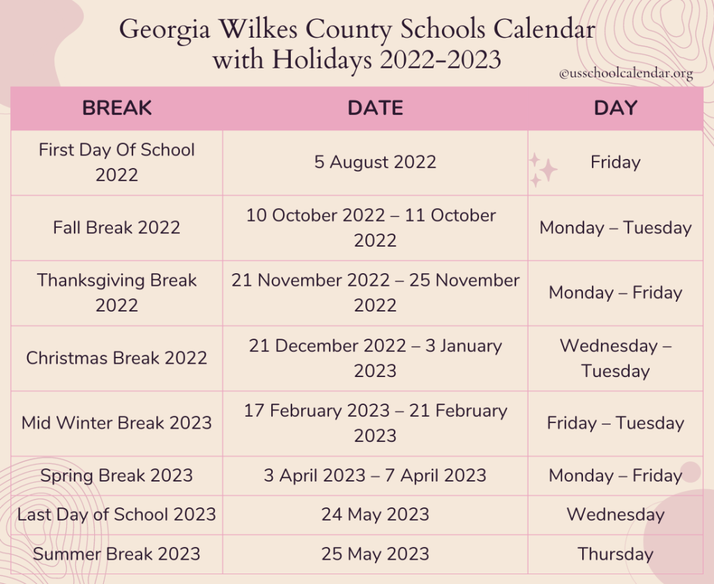Georgia Wilkes County Schools Calendar with Holidays 2022-2023