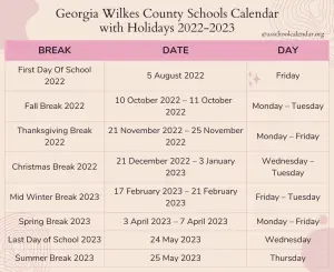 Georgia Wilkes County Schools Calendar with Holidays 2022-2023