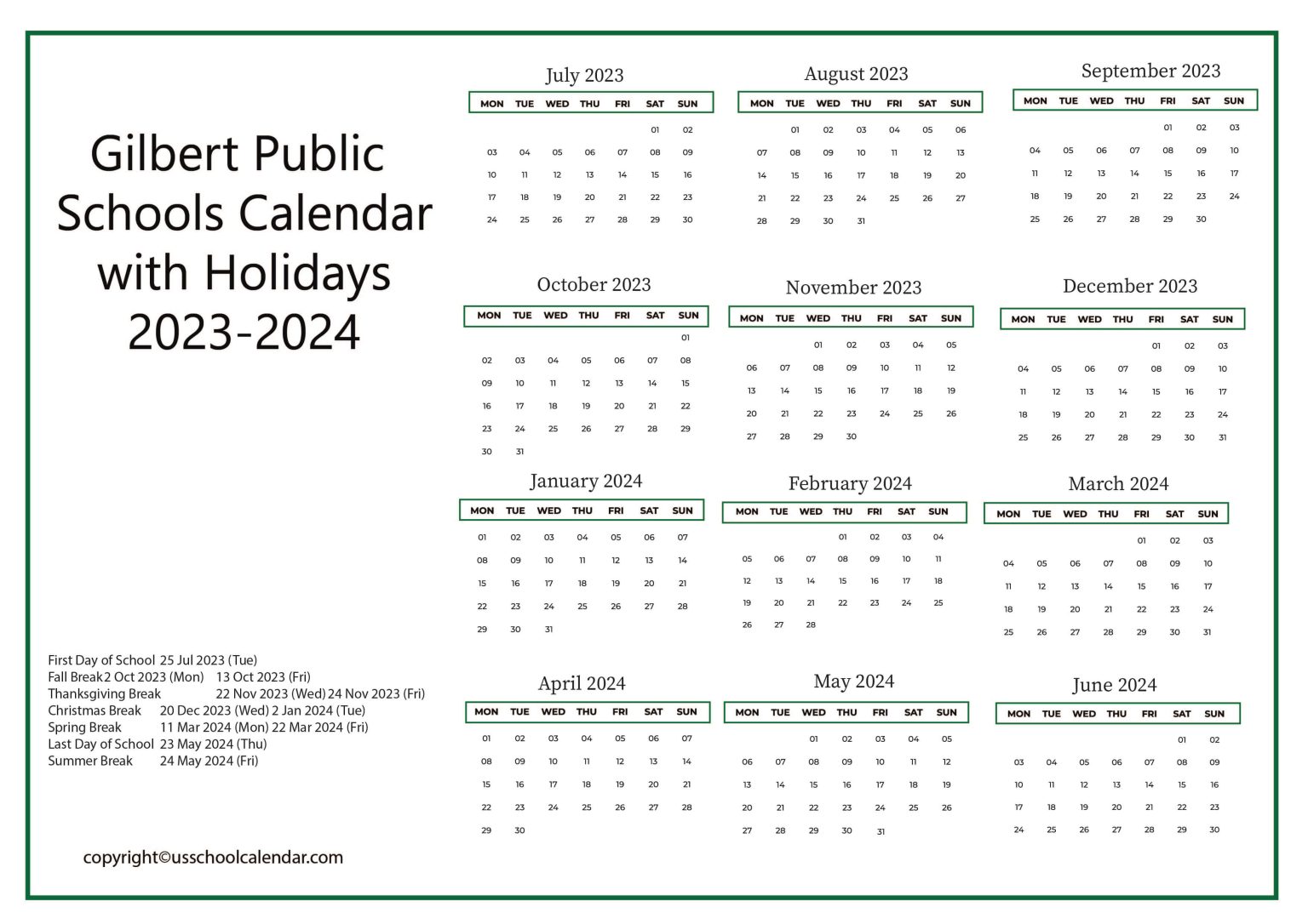 Gilbert Public Schools Calendar with Holidays 20232024