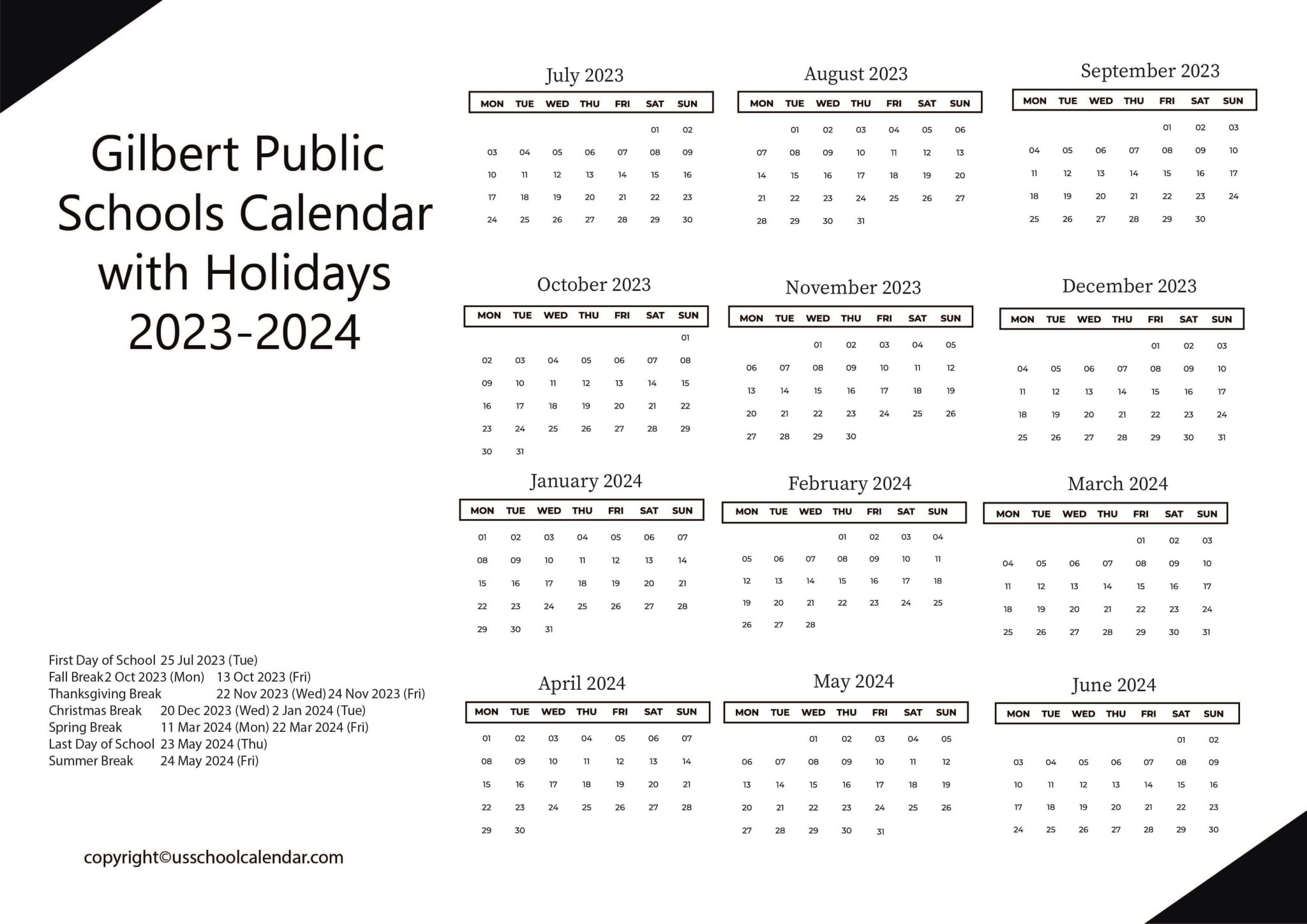 Gilbert Public Schools Calendar with Holidays 2023 2024