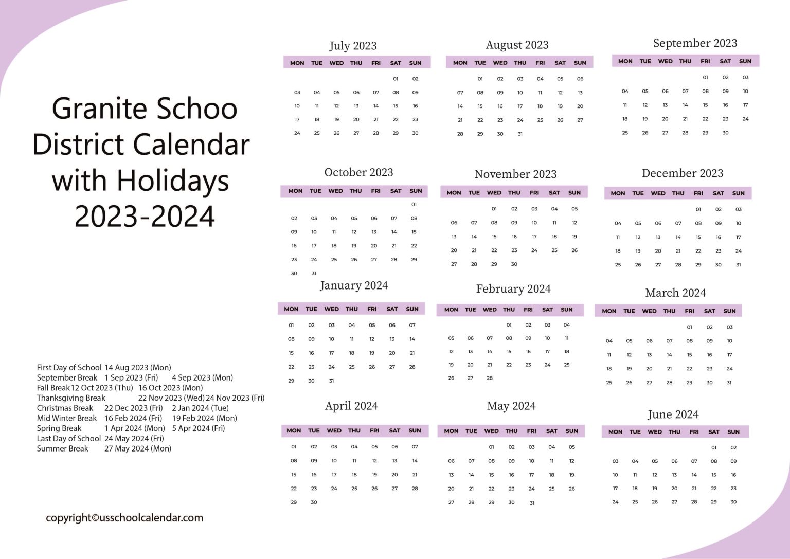 Granite School District Calendar with Holidays 20232024